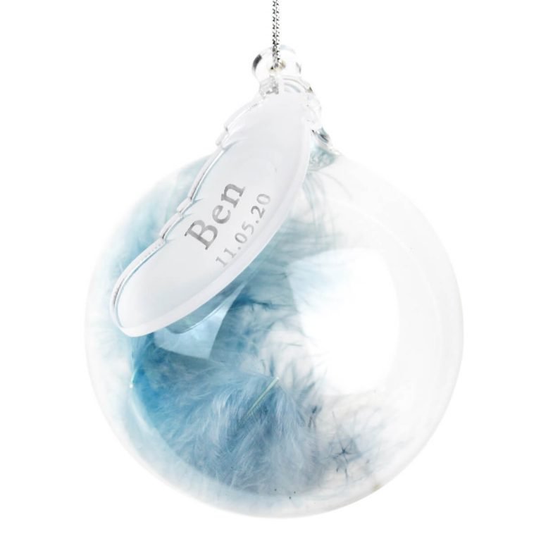 Personalised Name & Date Blue Feather Glass Bauble