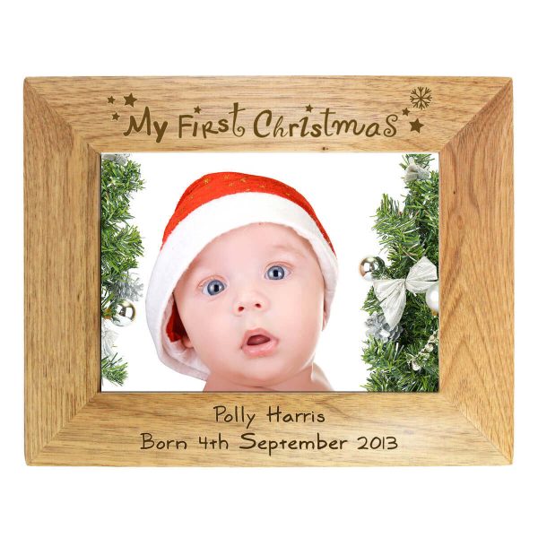 Personalised My First Christmas 7×5 Landscape Wooden Photo Frame