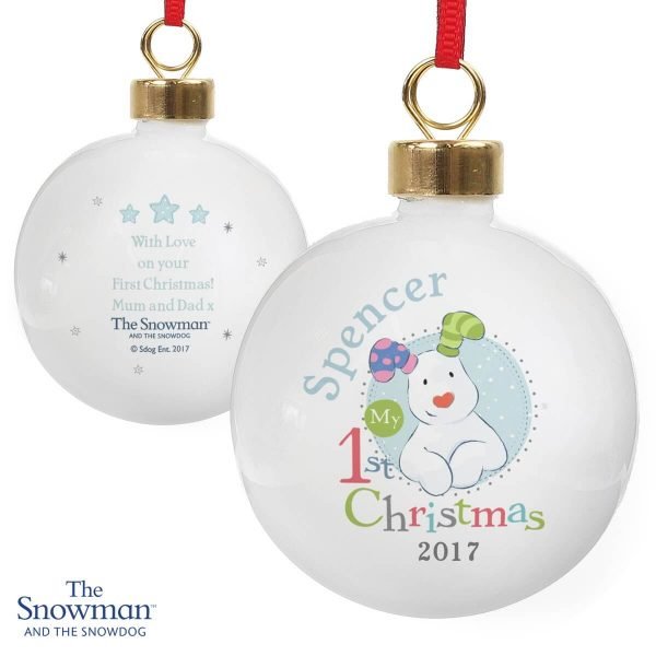Personalised The Snowman and the Snowdog My 1st Christmas Blue Bauble