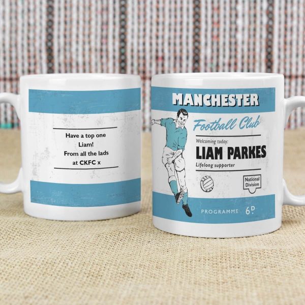 Personalised Vintage Football Sky Blue and White Supporters Mug