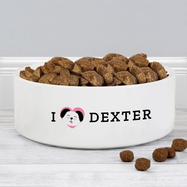 Personalised I Love my Dog – Cute Design 14cm Medium Ceramic White Pet Bowl
