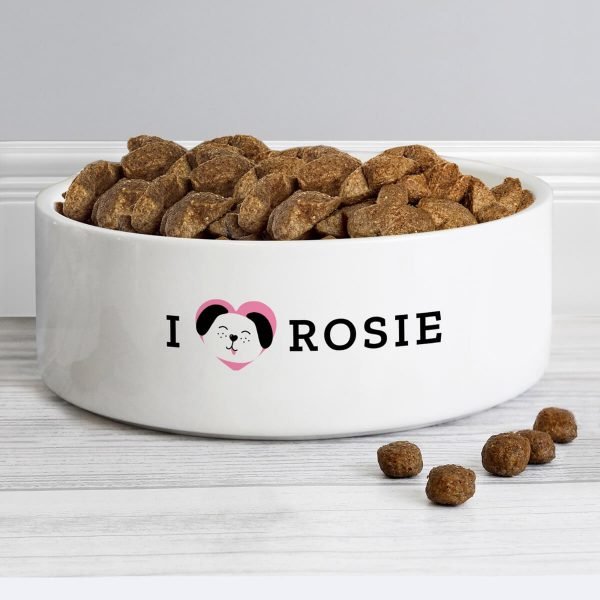 Personalised I Love my Dog – Cute Design 14cm Medium Ceramic White Pet Bowl