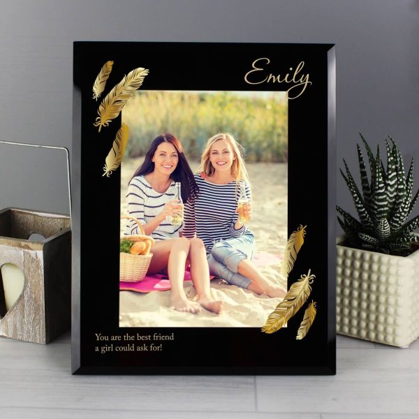 Personalised Golden Feather 7×5 Black Glass Photo Frame