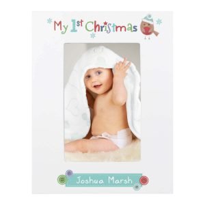 Personalised Felt Stitch Robin My 1st Christmas 6×4 White Wooden Photo Frame