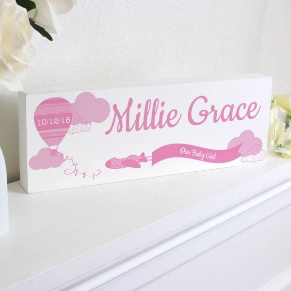 Personalised Up & Away Baby Girl Wooden Block Sign