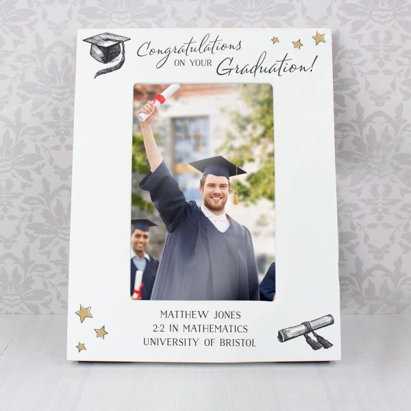 Personalised Gold Star Graduation 6×4 White Wooden Photo Frame
