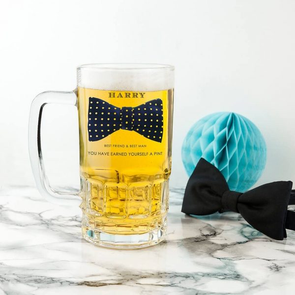 Personalised Beer Glass (Tankard) – Your Message & Name (Bowtie)