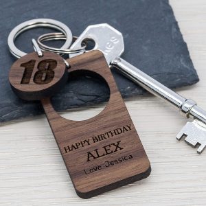 Personalised Wooden Key Ring – Happy Birthday (Walnut)