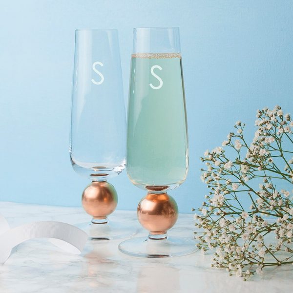 Personalised set of 2 Rose Gold Champagne Glasses – Initial