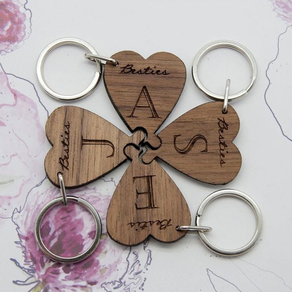 Personalised Wooden Key Ring – Besties (Lucky Clover)