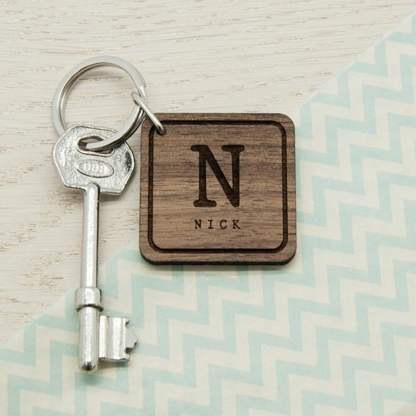 Personalised Wooden Key Ring – Initial & Name (Square)