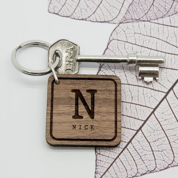 Personalised Wooden Key Ring – Initial & Name (Square)