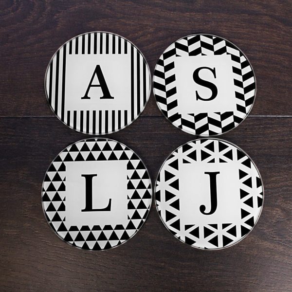 Personalised Black & White Coasters – Initials (Set of 4)