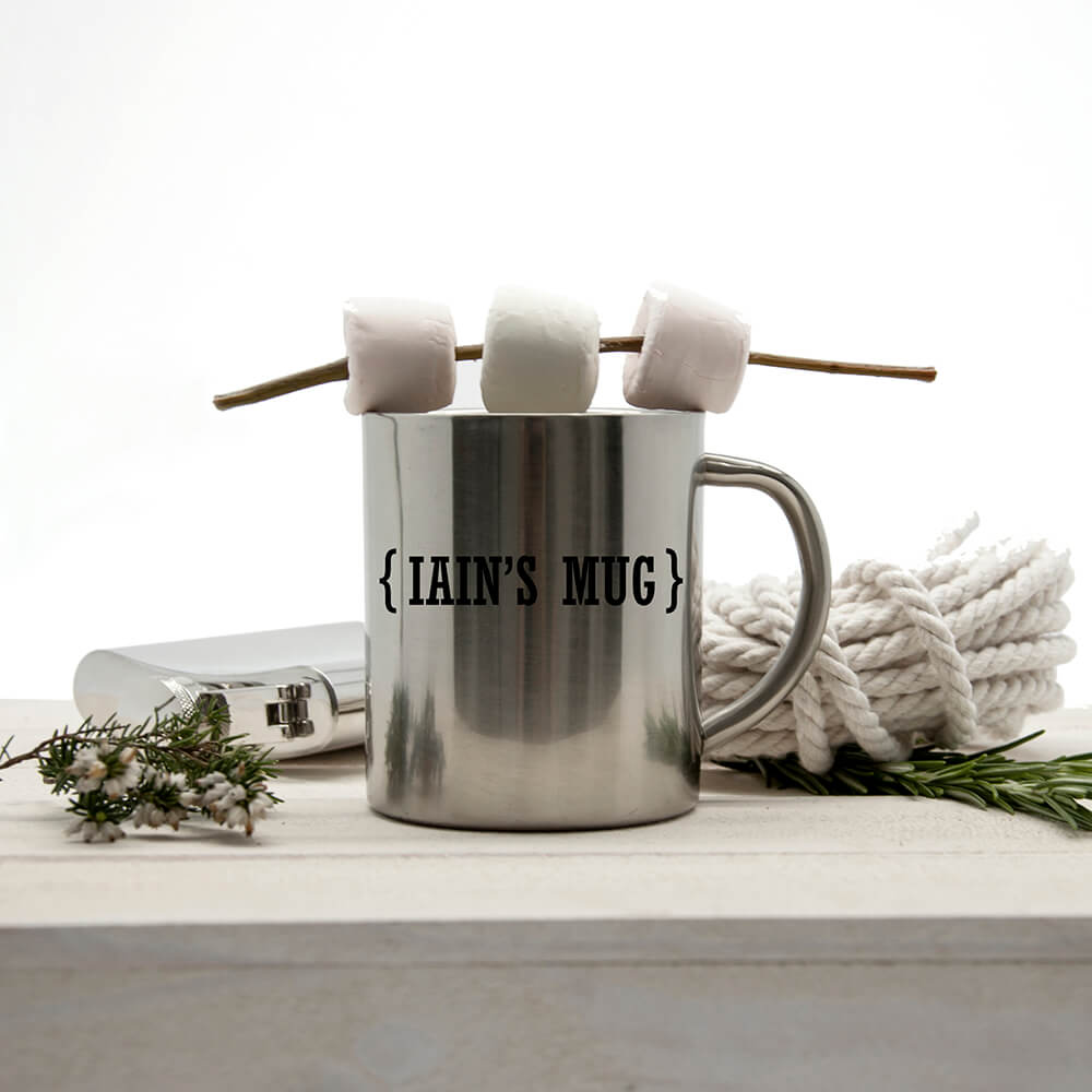 Personalised Outdoor Mug (Name) with Swirl Brackets Silver
