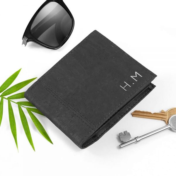 Personalised Natural VEGAN Leather Cork Wallet – Black