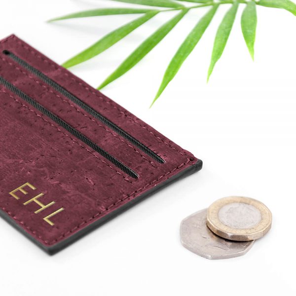 Personalised Natural VEGAN Leather Cork Card Holder – Burgundy