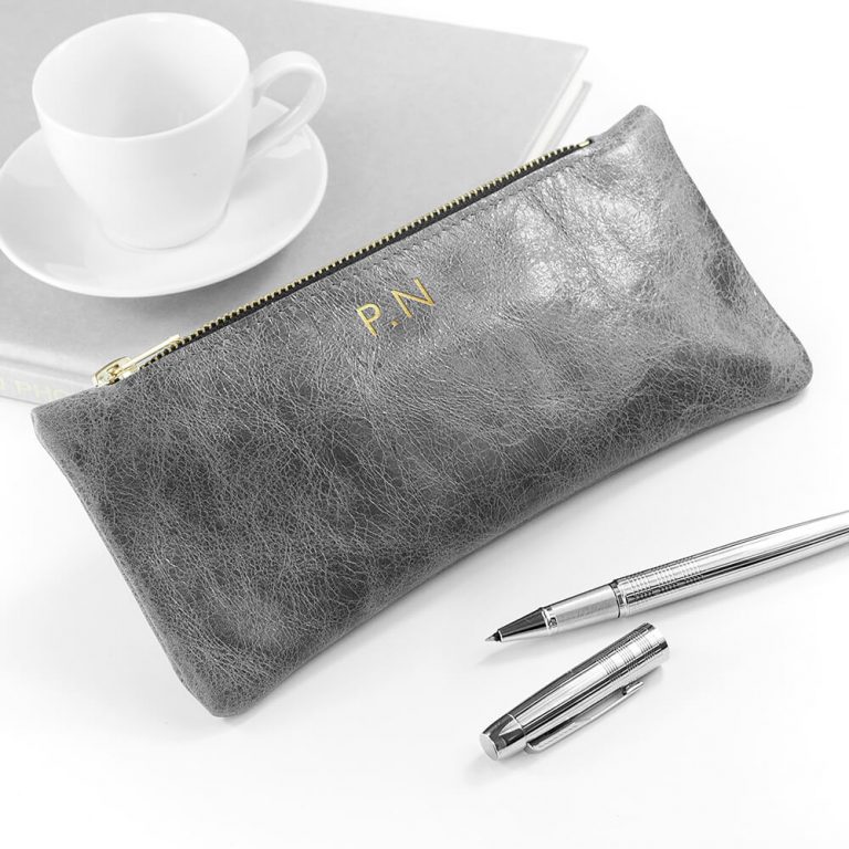 Personalised Luxury Leather Pencil Case – Grey