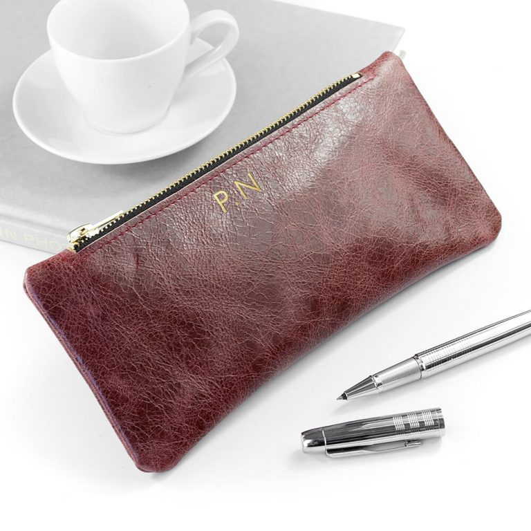 Personalised Luxury Leather Pencil Case – Burgundy