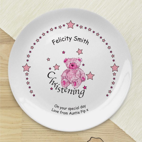 Personalised Teddy & Stars Pink Christening 8″ Coupe Plate