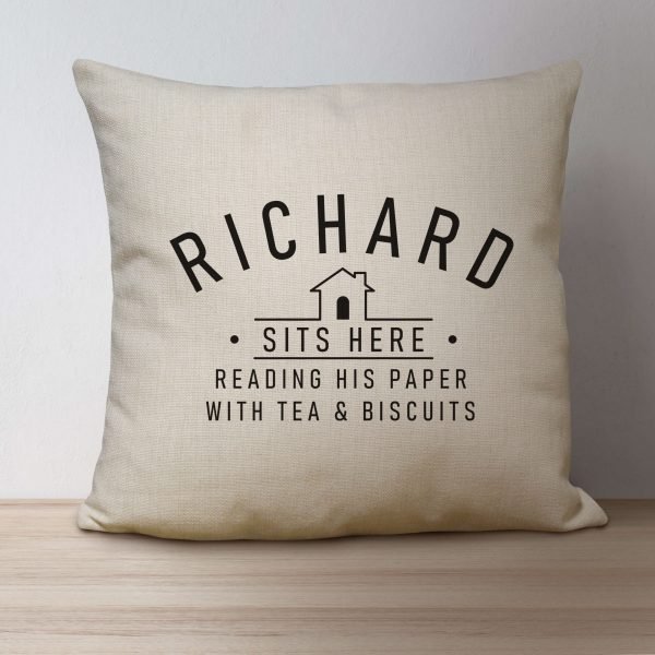 Personalised Sits Here Linen Look Cushion