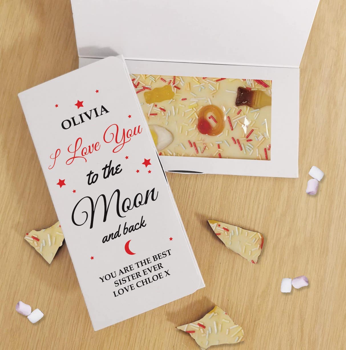 Personalised To The Moon & Back White Chocolate Card