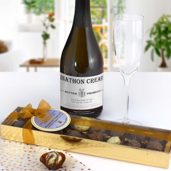 Personalised Prosecco with Contemporary Plain Label – Chocolates Giftpack