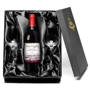 Personalised Vineyard French AC Red Wine with set of Wine Glasses