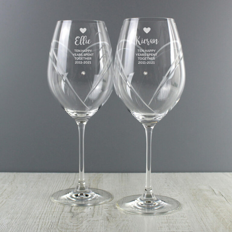 Personalised Any Message Hand Cut Heart Pattern Pair of Wine Glasses with Swarovski Elements