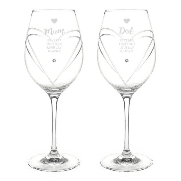 Personalised Any Message Hand Cut Heart Pattern Pair of Wine Glasses with Swarovski Elements
