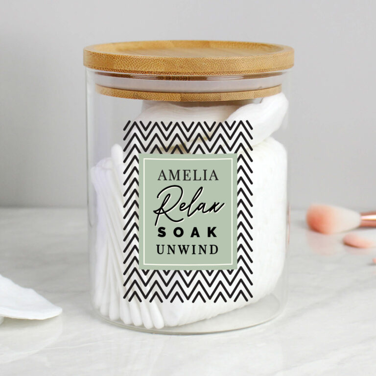 Personalised Relax Soak Unwind Glass Jar with Bamboo Lid