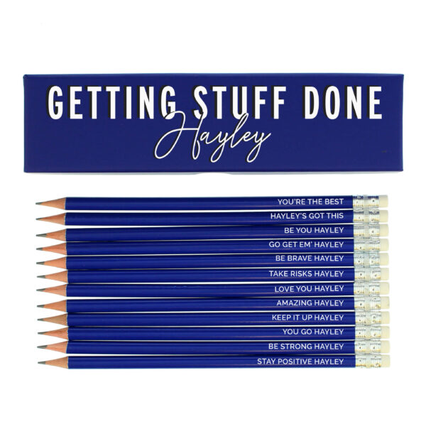Personalised Getting Stuff Done Box and 12 Blue HB Pencils