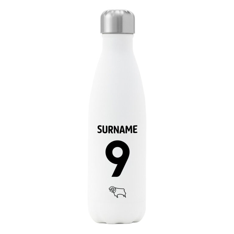 Personalised Derby County FC Shirt Insulated Water Bottle – White