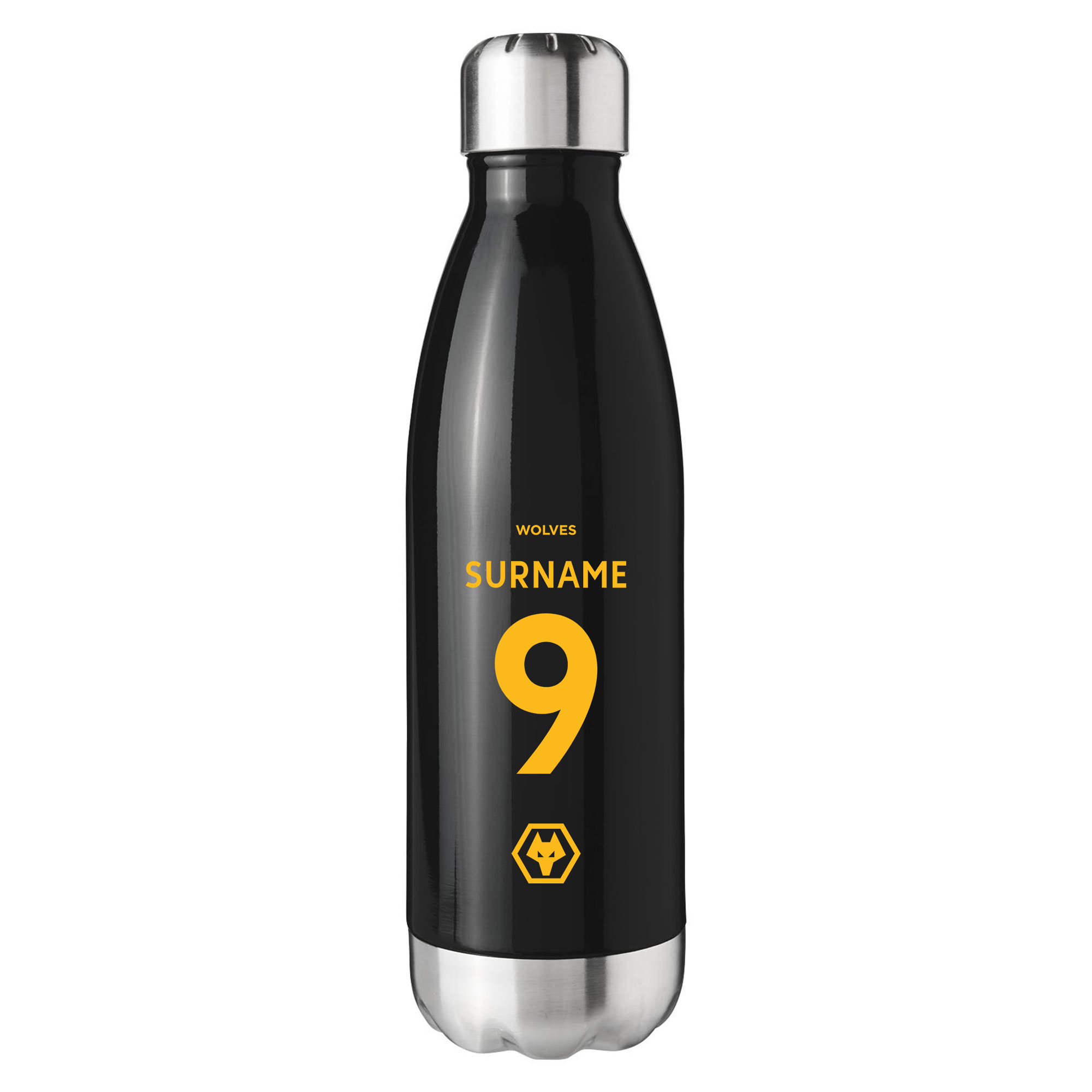 Personalised Wolverhampton Wanderers Insulated Water Bottle – Back of Shirt – Black