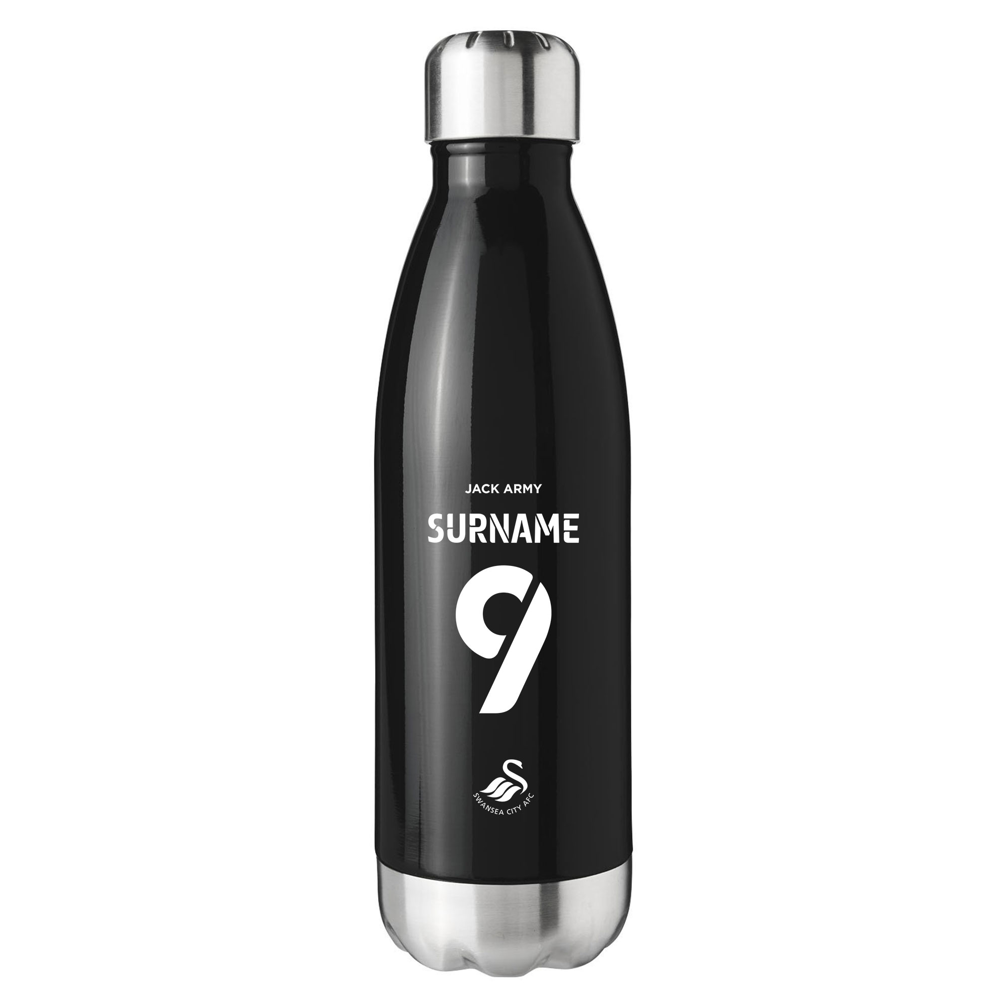Personalised Swansea City Insulated Water Bottle – Back of Shirt – Black