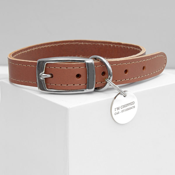 Personalised Classic Brown Leather Dog Collar with Tag