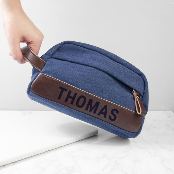 Personalised Weekender Denim Wash Bag – Blue