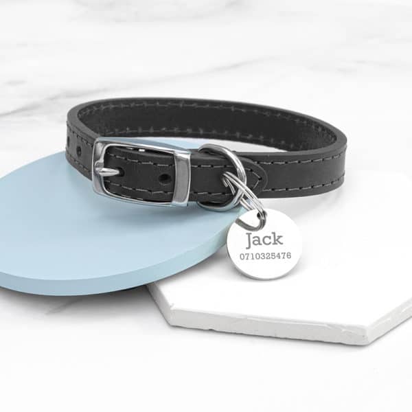 Personalised Classic Black Leather Dog Collar with Tag
