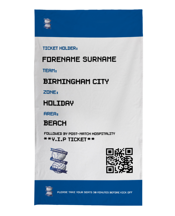 Personalised Birmingham City Ticket Beach Towel