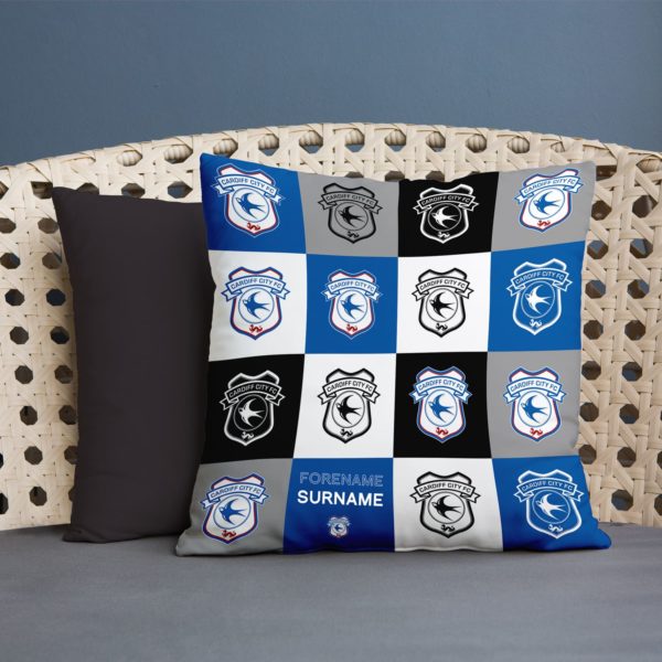 Personalised Cardiff City Chequered Cushion