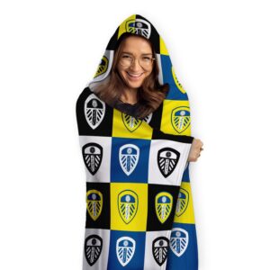Personalised Leeds United FC Chequered Adult Hooded Fleece Blanket