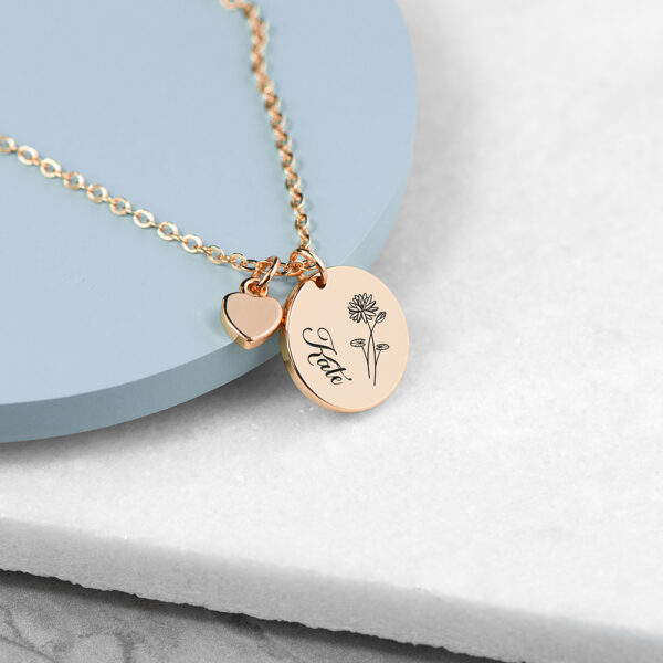 Personalised Birth Flower Heart And Disc Necklace